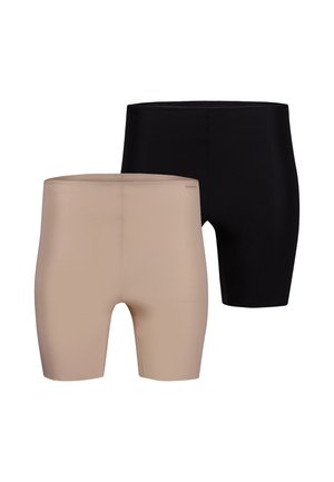 Beige und schwarze nahtlose Shapewear-Shorts bis zur Mitte des Oberschenkels mit glatter Oberfläche und ohne sichtbaren Bund oder Verschlüsse.