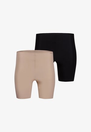 Beige und schwarze nahtlose Shapewear-Shorts bis zur Mitte des Oberschenkels mit glatter Oberfläche und ohne sichtbaren Bund oder Verschlüsse.