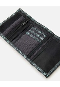 Black wallet with a textured fabric interior, featuring a zippered pocket and multiple card slots, bordered with a geometric pattern.