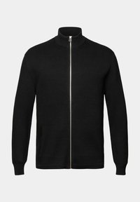 Cardigan noir zippé intégral avec col haut côtelé, manches longues et deux poches avant sur fond neutre.