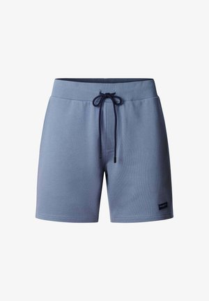 Pantaloncini di cotone blu fino a metà coscia con vita elasticizzata, coulisse blu navy e piccola etichetta rettangolare del marchio sull'orlo sinistro.