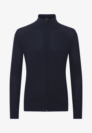 Tumedateen tekstiilist valmistatud kaelusega kapuutsiga kardigan, millel on sobiv siluett ja soonikuga varrukad ning ääred.