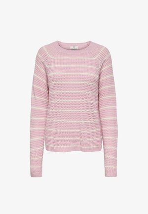 Roosa kampsun heledate kreemjate horisontaaltriipudega, valmistatud tekstuurse kangaga, ümara kaelusega ja pikkade varrukatega.