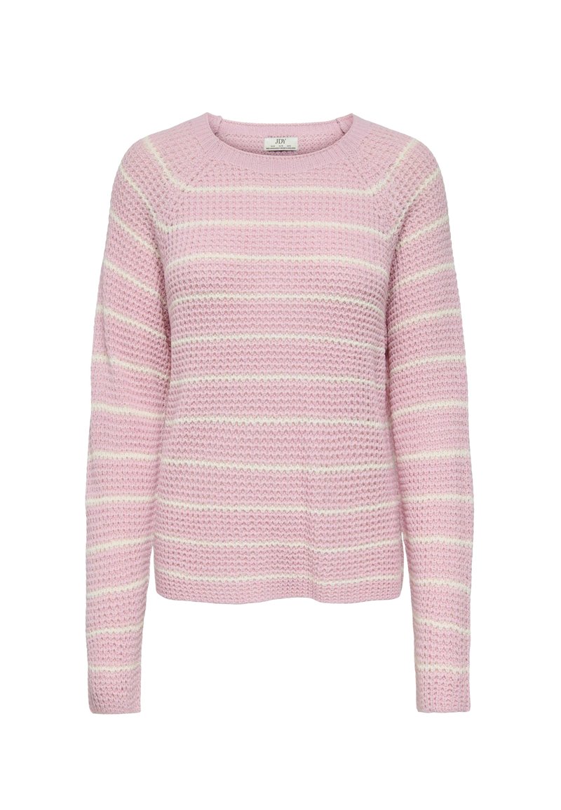 Pull rose avec des rayures horizontales crème clair, en tissu texturé, doté d'un col rond et de manches longues.