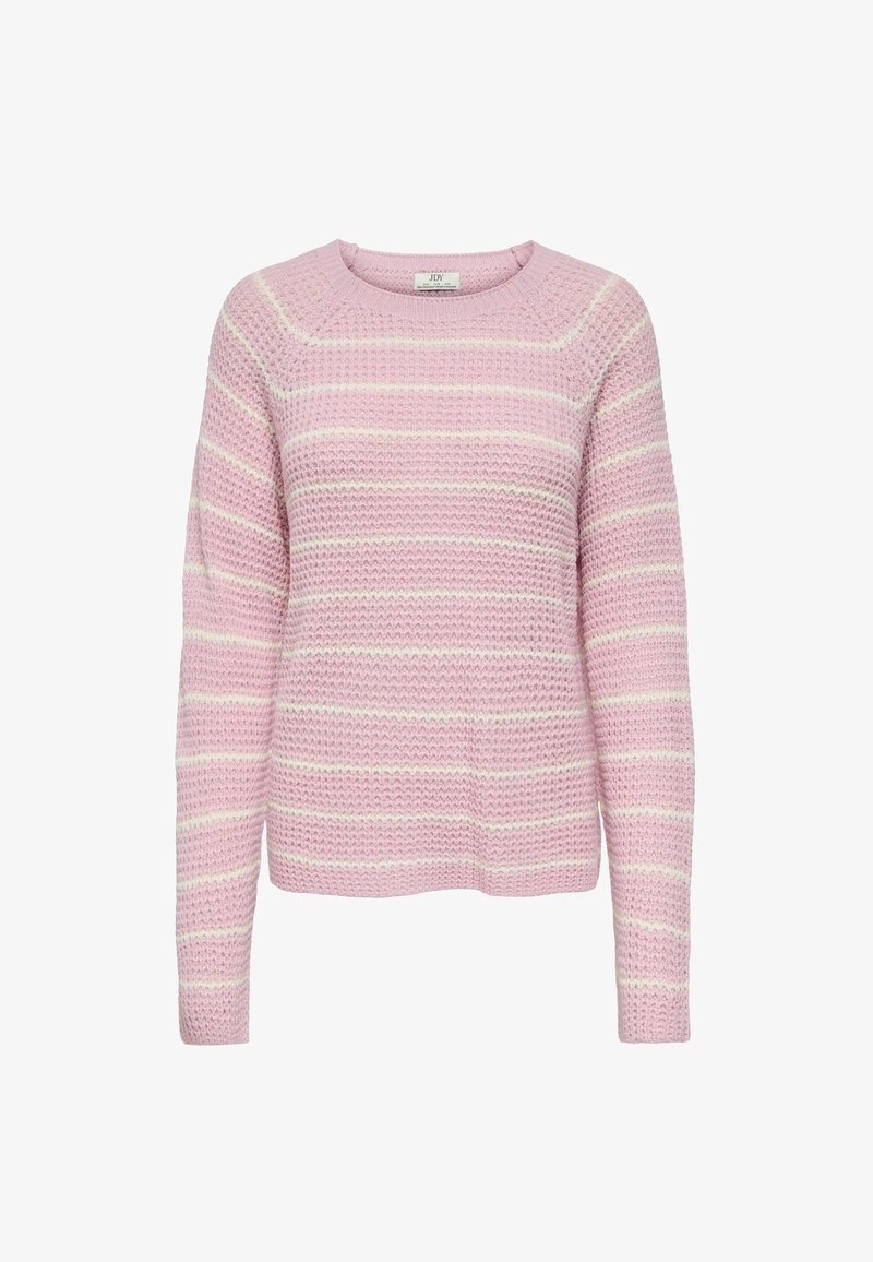 Pull rose avec des rayures horizontales crème clair, en tissu texturé, doté d'un col rond et de manches longues.