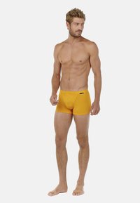 Boxers pour hommes jaunes avec un design ajusté, en tissu doux et une ceinture avec logo. Texture lisse et sans motifs visibles.