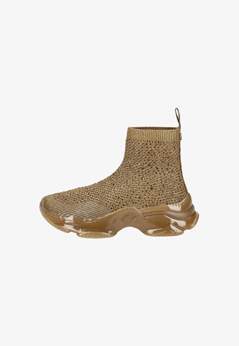 Brown knitted ankle boot with a textured surface, elastic cuff, and a glossy rubber sole featuring cutouts on the side.