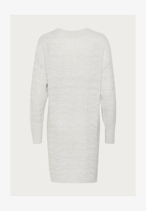 Helles graues, übergroßes Sweatshirt mit einem strukturierten Wellenmuster, langen Ärmeln und einem runden Ausschnitt. Weiches Strickmaterial, Rückansicht dargestellt.