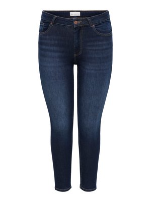 Donkerblauwe skinny jeans met voor- en achterzakken, koperen knoop en stiksels, getoond tegen een witte achtergrond.