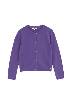 Cardigan court violet à manches longues avec encolure ronde et six petits boutons devant sur fond blanc uni.