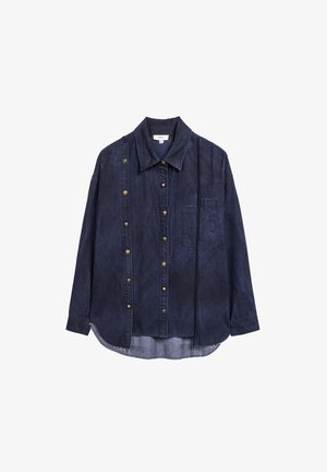 Denim overhemd in donkerblauw met lange mouwen, kraag, knoopsluiting aan de voorkant, één borstzak en een licht gebogen zoom. Voorzien van goudkleurige knopen.