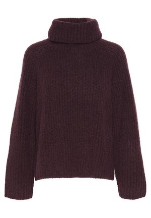 Burgunderfarbener Strickpullover mit hohem, umgeschlagenem Kragen. Verfügt über ein strukturiertes Rippmuster und weite Ärmel; aus weichem, warmem Material gefertigt.
