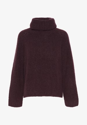 Burgundi spalvos megztinis su aukšta, sulenkta apykakle. Turi tekstūruotą, raštuotą modelį ir plačias rankoves; pagamintas iš minkštos, šiltos medžiagos.