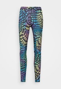 Leggings multicolori realizzati in tessuto elastico, con uno sfondo nero e motivi vorticosi in blu, verde, giallo e rosa.