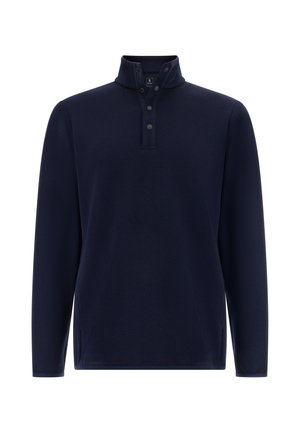 Pull bleu marine avec un motif texturé, doté d'un col demi et de trois boutons au niveau du cou. Manches longues avec des poignets à bande.