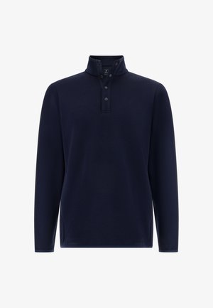 Mornarsko moder pulover z teksturiranim vzorcem, s pol ovratnikom in tremi gumbi na vratu. Dolgi rokavi s pasom na koncu.