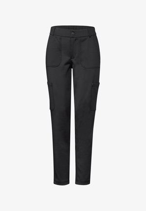 Black pants made of a smooth, stretchy fabric. Features two front pockets and two side cargo pockets with a tailored fit and adjustable waist.