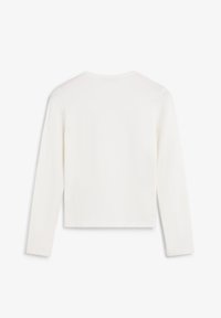 Camiseta blanca de manga larga con escote redondo y corte recto. Confeccionada en tela suave, cuenta con una textura lisa y un diseño minimalista.