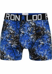 Männer Boxer-Shorts in Blau mit Spritzmuster; ausgestattet mit einem schwarzen Bund und weißem Logo-Text; aus dehnbarem Material gefertigt.