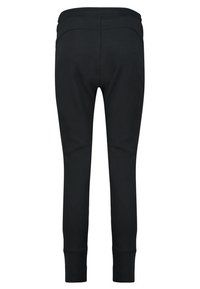 Svarta strechbyxor med en åtsittande design, elastisk midja och avsmalnande ben. Slät yta med ribbade muddarna vid anklarna.