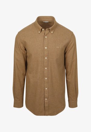 Braunes Langarm-Hemd mit Knopfleiste aus strukturiertem Stoff, ausgestattet mit einem klassischen Kragen, einem einzelnen Brustlogo und weißen Knöpfen entlang der Vorderseite.