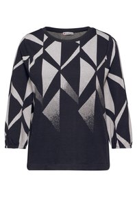 Dunkelblaues Langarmoberteil mit einem geometrischen schwarz-weißen Muster, runder Ausschnitt und elastischen Bündchen. Aus weichem Baumwollmaterial.