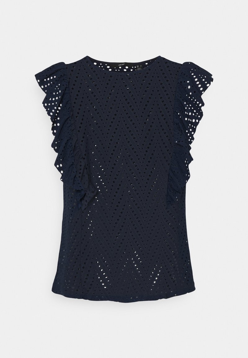 Granatowa bluzka z okrągłym dekoltem, z wycięciami w kształcie łez w wzór zygzakowaty oraz falbaniastymi rękawami dla dodatkowej tekstury.