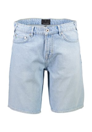 Light blue denim shorts with a straight cut, five-pocket design, and belt loops. Features signature brand tag at the waist.