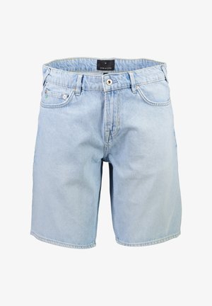Shorts in denim blu chiaro con taglio dritto, design a cinque tasche e passanti per cintura. Presenta l'etichetta distintiva del marchio in vita.