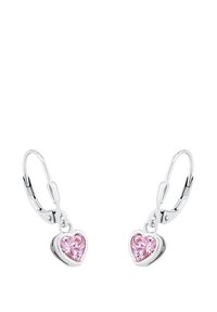 Orecchini a forma di cuore in argento, impreziositi da gemme rosa, con chiusura a leva, che offrono una superficie lucida e riflettente.