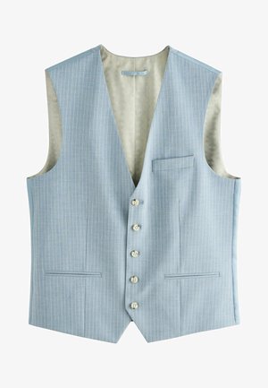 Világoskék mellény vertikális fehér csíkokkal, hat gombbal és egyetlen mellzsebbel. Simaszerkezetű anyag, tiszta bélés belül.