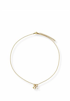 Delicate gold chain necklace with small gold fan and tiny white pearl charms, clasp and adjustable chain extension on white background.