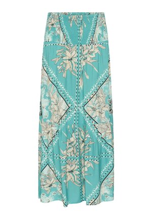 Tyrkysová maxi sukňa s nariaseným pásom a bielymi kvetinovými a geometrickými vzormi po celej ploche.