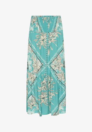 Türkisfarbener Maxirock mit gerafftem Bund und durchgehendem weißen Blumen- und Geometriemuster.