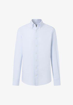 Camicia a maniche lunghe azzurro chiaro con bottoni e collo button-down su sfondo bianco, vista frontale.