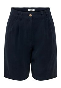 Bermudas azul marino hechas de una tela con textura suave. Cuentan con un cierre de botón, pliegues en la parte frontal y un dobladillo recto.