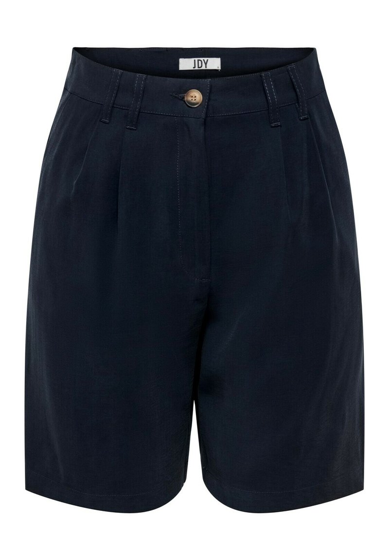Bermudas azul marino hechas de una tela con textura suave. Cuentan con un cierre de botón, pliegues en la parte frontal y un dobladillo recto.