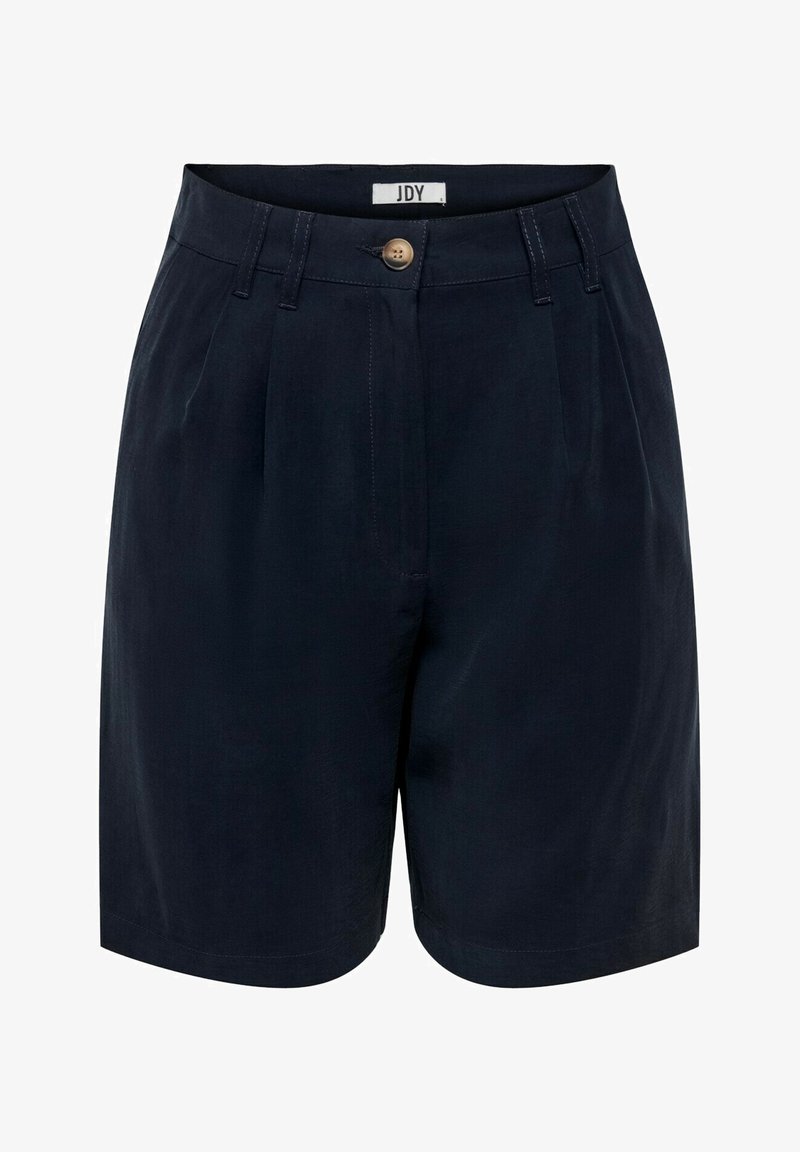 Bermudas azul marino hechas de una tela con textura suave. Cuentan con un cierre de botón, pliegues en la parte frontal y un dobladillo recto.