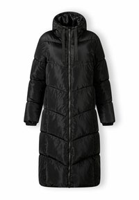 Čierna zateplená bunda s kapucňou, na zips a so sťahovacími šnúrkami. Obsahuje prešívaný vzor v tvare chevron a elastické manžety pre teplo a dobré priliehanie.