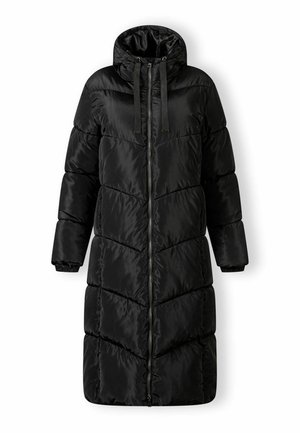 Črn puhasti plašč z kapuco, zadrgo in vrvico. Ima šivano chevron vzorčenje ter elastične manšete za toploto in prileganje.