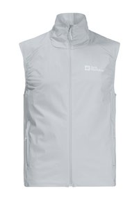 Gilet smanicato grigio chiaro con colletto alto, zip frontale e pannelli laterali arricciati. Presenta un logo sul lato sinistro del petto e tasche con zip.