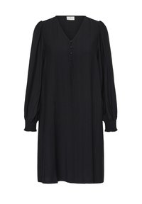 Robe noire à manches longues avec un décolleté en V, des détails à boutons, des poignets froncés et une coupe décontractée. Confectionnée en tissu texturé.