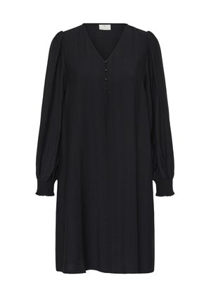 Ilga juoda suknelė ilgomis rankovėmis, V formos iškirpte, sagų detalėmis, rauktomis rankogaliais ir laisvo kirpimo. Pagaminta iš tekstūruotos medžiagos.