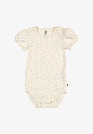 Kremowy body dla niemowląt z krótkimi bufkami na rękawach i drobnym różowo-niebieskim kwiatowym wzorem, z zatrzaskami na ramieniu i kroku.