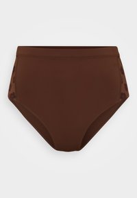 Braune hochgeschnittene Bikinihose mit glatter Textur, die auf den Seiten dunkle florale Akzente und eine klassische Badeanzugsform aufweist.