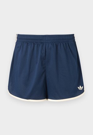 Sportske kratke hlače mornarsko plave boje s elastičnim pojasom, bijelim obrubom, prozračnim mrežastim materijalom i Adidas logom na donjem desnom nožnom dijelu.