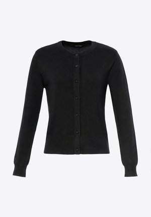 Černý pletený cardigan má dlouhé rukávy, kulatý výstřih a zapínání na knoflíky s šesti knoflíky vpředu. Měkká textura a přiléhavý design.