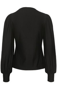 Black long-sleeve top featuring gathered puff sleeves, rounded neckline, and a fitted silhouette. Made of a smooth, stretchy fabric.