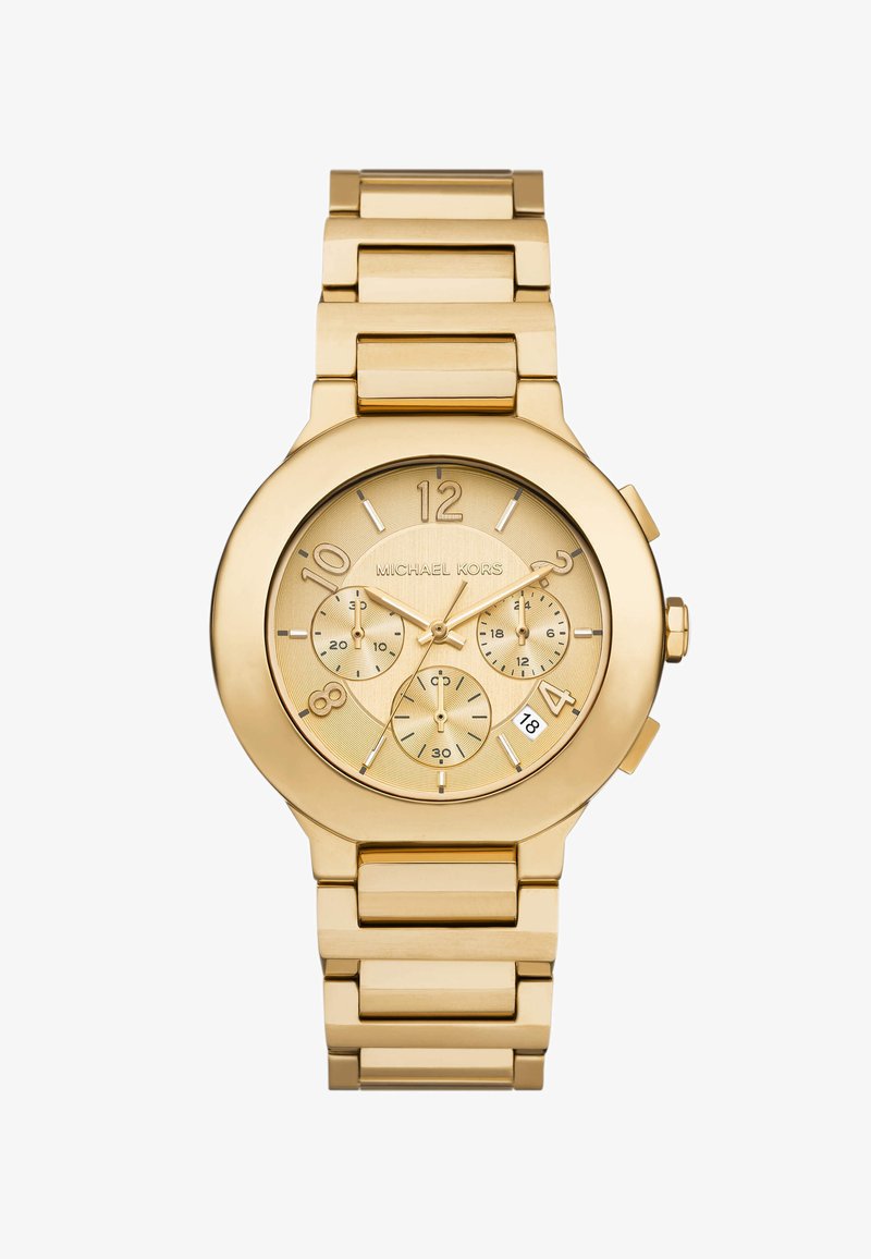 Goldfarbene Metalluhr mit rundem Ziffernblatt, strukturiertem goldenen Ziffernblatt, drei Nebenskalen, Datumsanzeige und einem massiven Gliederarmband.