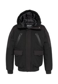 Chaqueta negra acolchada con capucha, dos bolsillos con cremallera en el pecho, dos bolsillos de solapa en la cintura, puños acanalados y etiqueta de logo dentro del cuello.